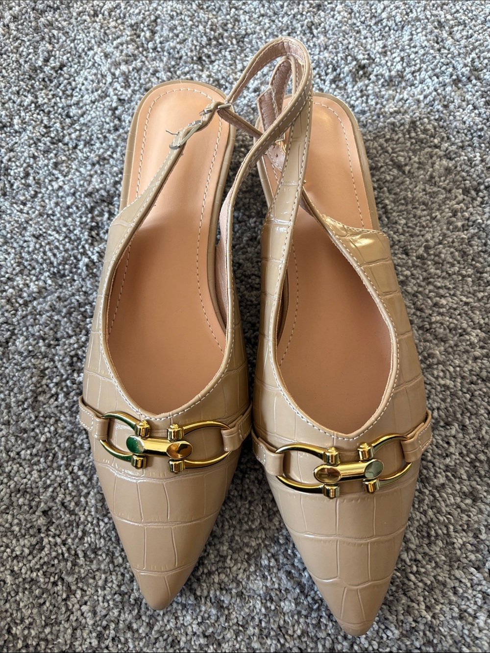 Women's Pointed Slingback Flats in Beige with Gold Hardware